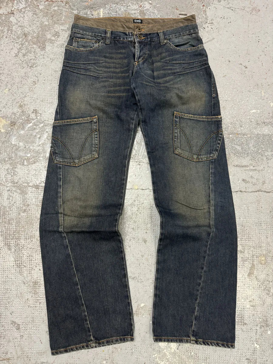 AW2003 Dolce & Gabbana Double Waisted Blue Denim Cargo Jeans zDDMVls 4