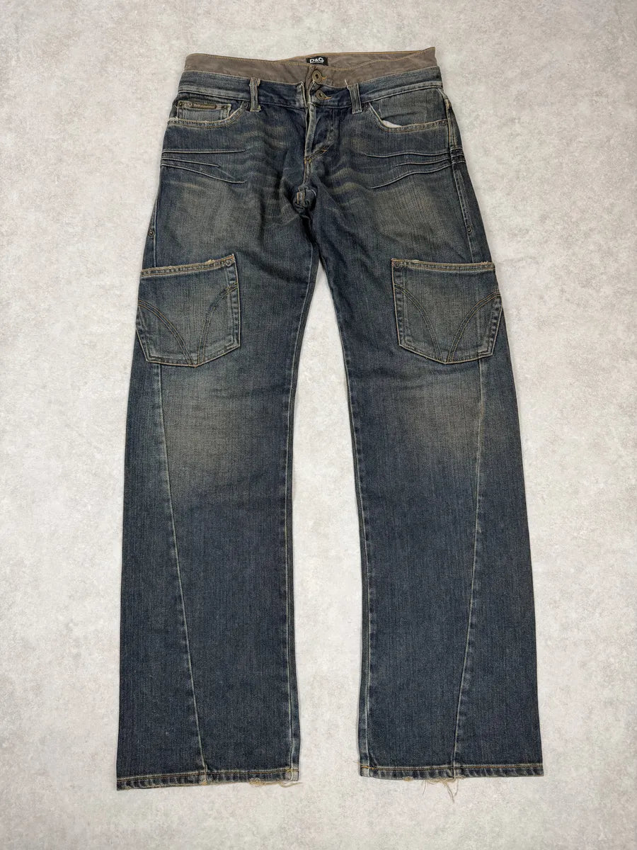 AW2003 Dolce & Gabbana Double Waisted Blue Faded Cargo Denim Jeans Nxolbmo 0
