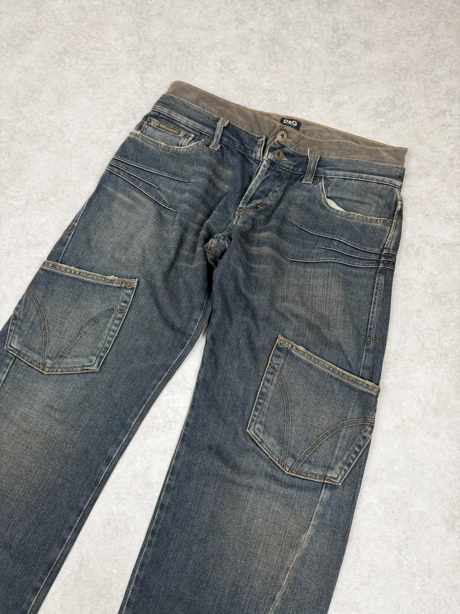 AW2003 Dolce & Gabbana Double Waisted Blue Faded Cargo Denim Jeans Nxolbmo 6