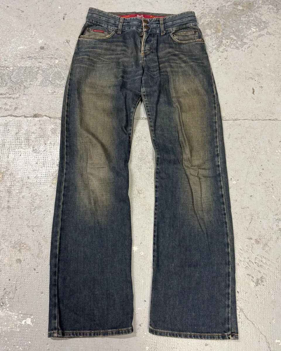 AW2003 Dolce & Gabbana Double Waisted Eroded Blue Denim Jeans (S/M) 0