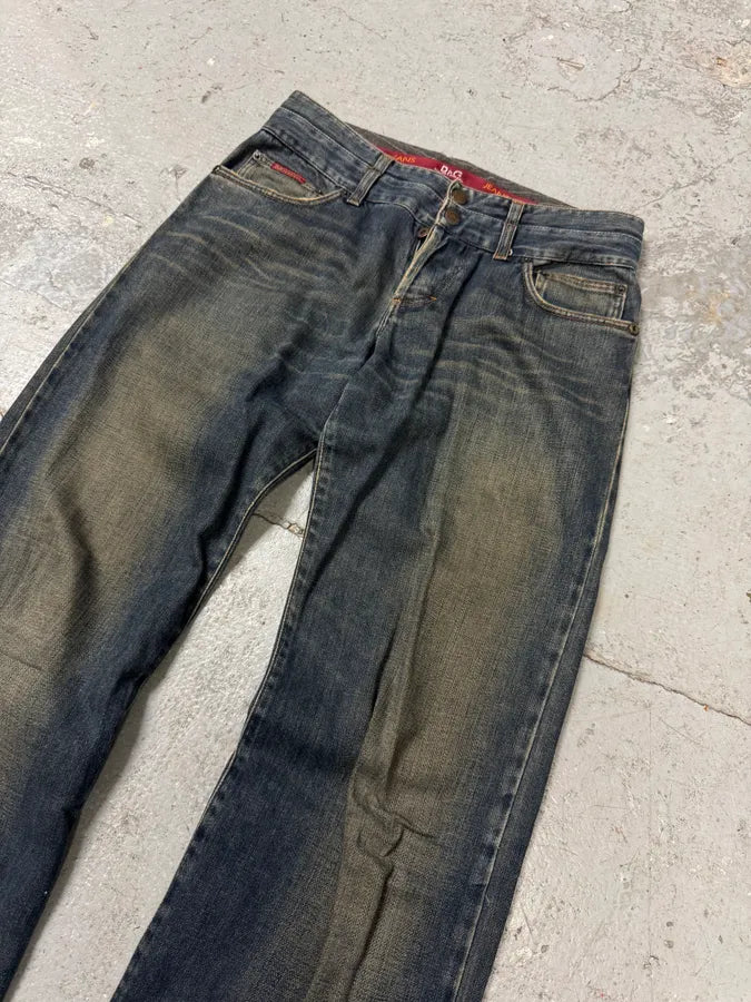 AW2003 Dolce & Gabbana Double Waisted Eroded Blue Denim Jeans (S/M) 1