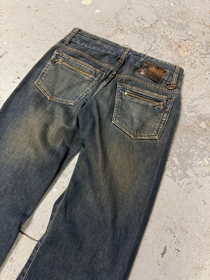 AW2003 Dolce & Gabbana Double Waisted Eroded Blue Denim Jeans (S/M) 3