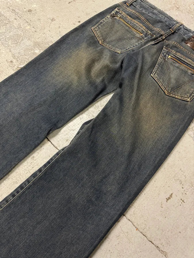 AW2003 Dolce & Gabbana Double Waisted Eroded Blue Denim Jeans (S/M) 8