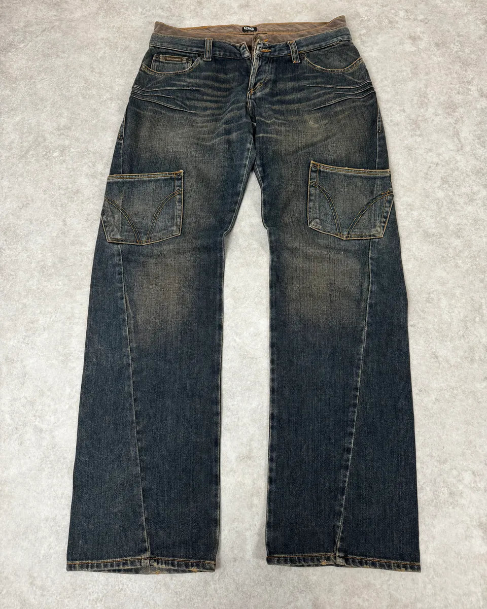 AW2003 Dolce & Gabbana Double Waisted Faded Cargo Denim Jeans BffWKhn 0