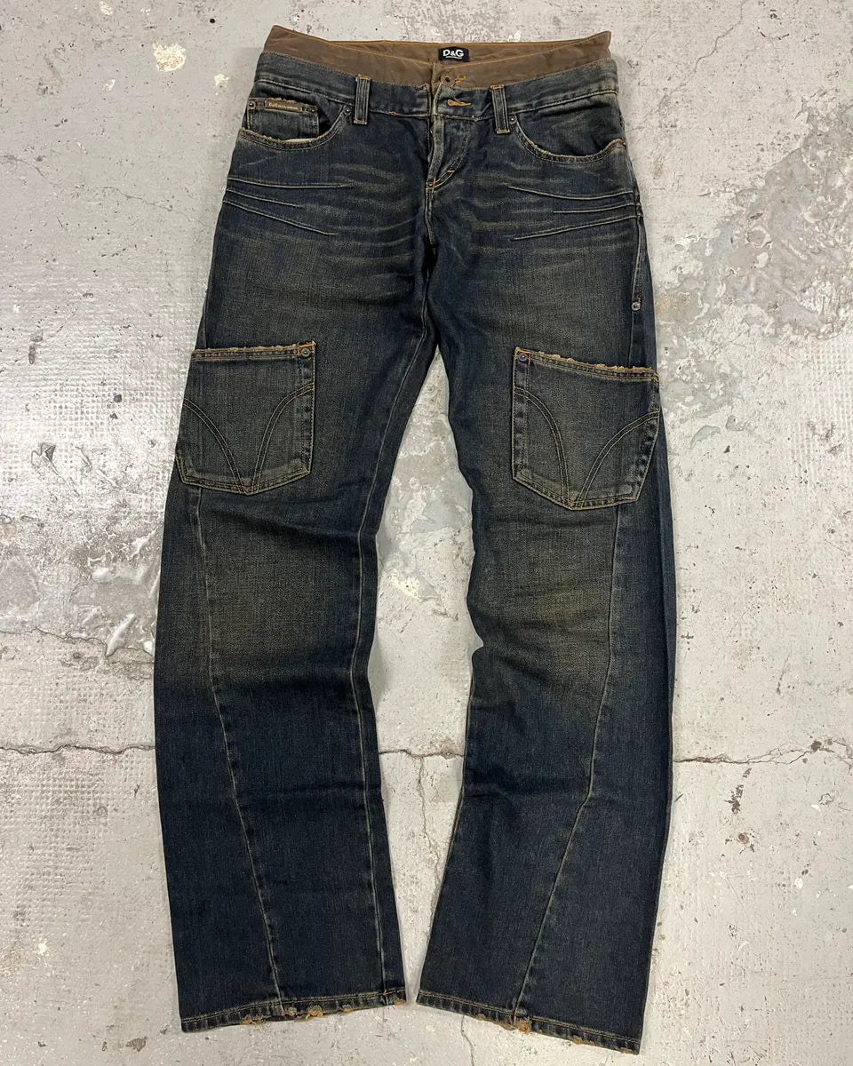 AW2003 Dolce & Gabbana Double-Waisted Faded Denim Cargo Pants (S/M) DHuQjBp 0