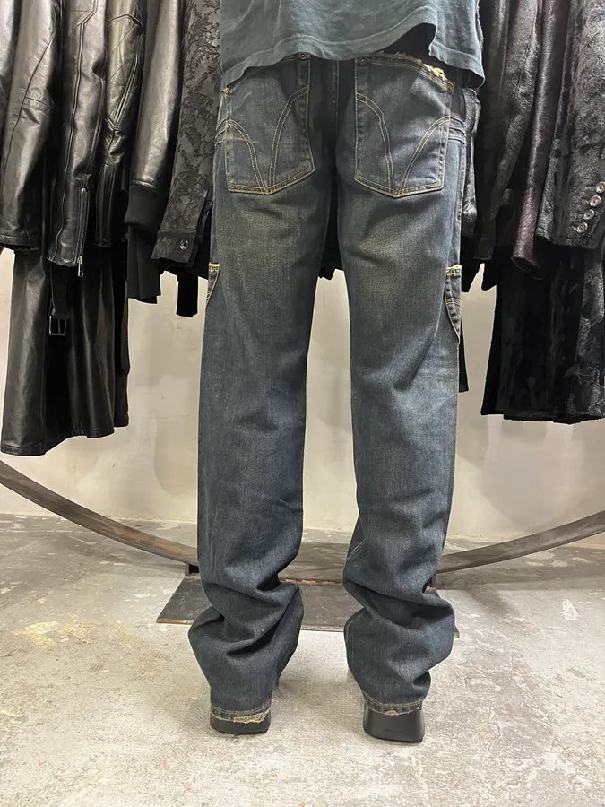 AW2003 Dolce & Gabbana Double-Waisted Faded Denim Cargo Pants (S/M) DHuQjBp 3