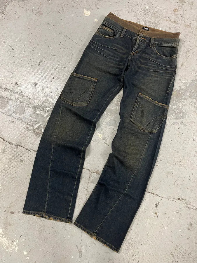 AW2003 Dolce & Gabbana Double-Waisted Faded Denim Cargo Pants (S/M) DHuQjBp 5