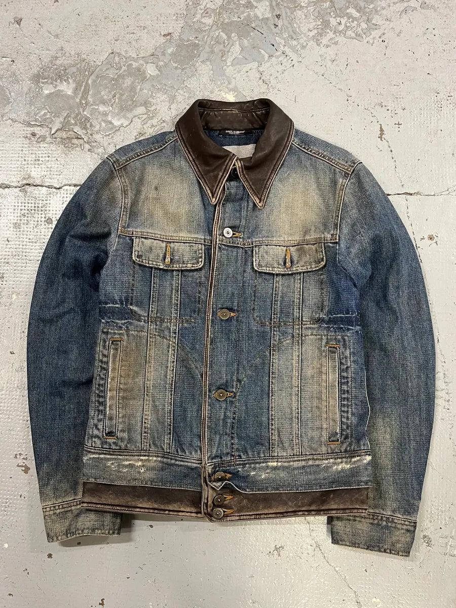 AW2003 Dolce & Gabbana Double Waisted Leather Blue Faded Denim Jacket gLYIndF 0
