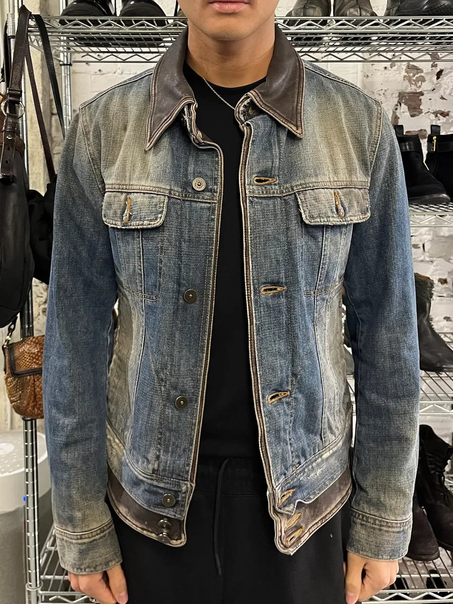 AW2003 Dolce & Gabbana Double Waisted Leather Blue Faded Denim Jacket gLYIndF 1