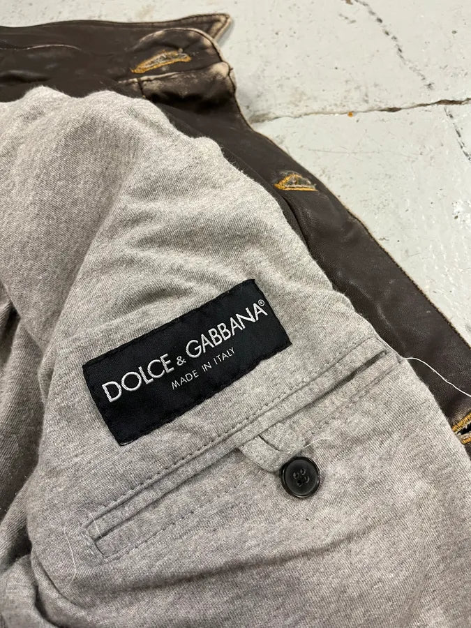 AW2003 Dolce & Gabbana Double Waisted Leather Blue Faded Denim Jacket gLYIndF 10