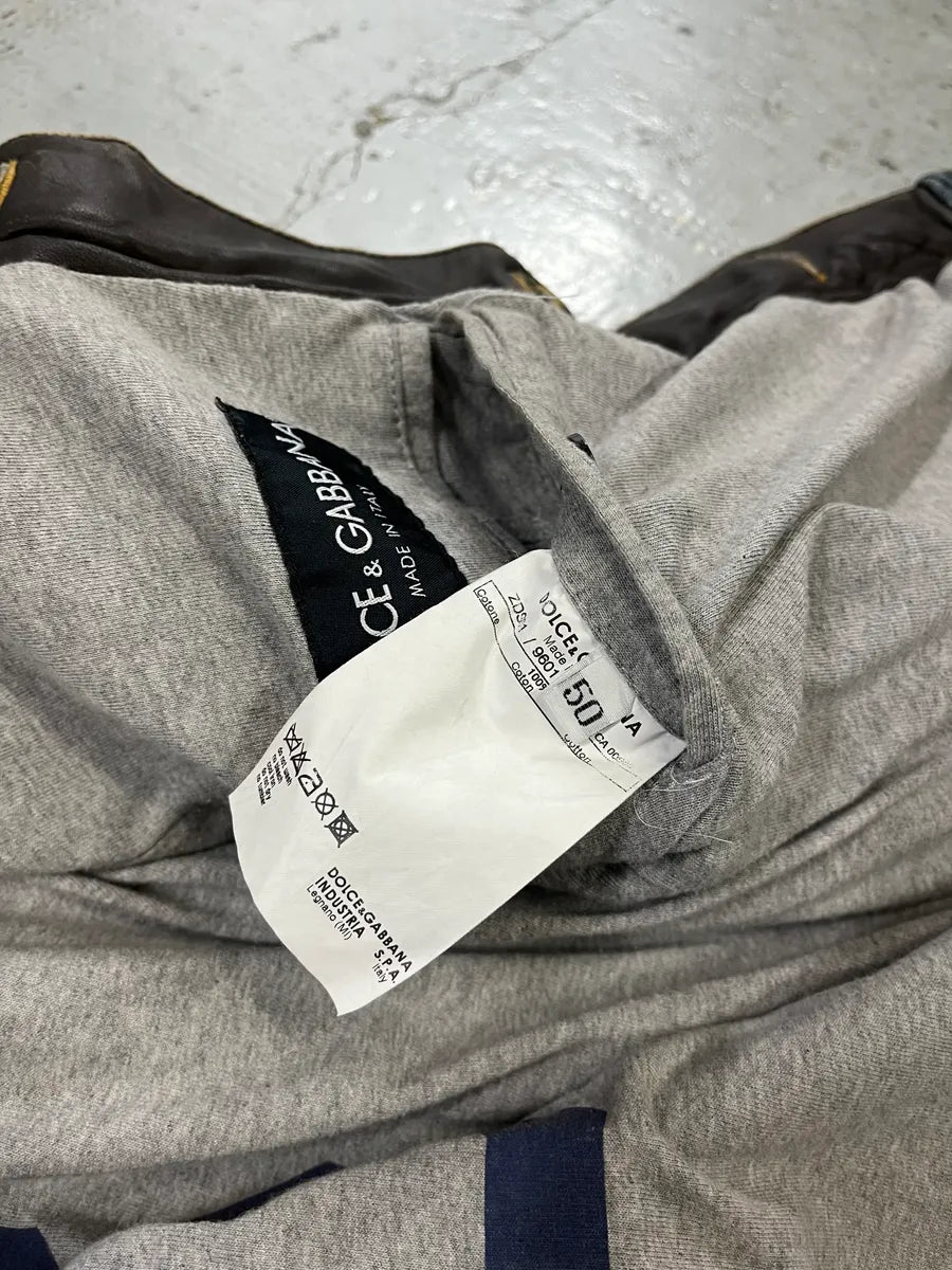 AW2003 Dolce & Gabbana Double Waisted Leather Blue Faded Denim Jacket gLYIndF 11