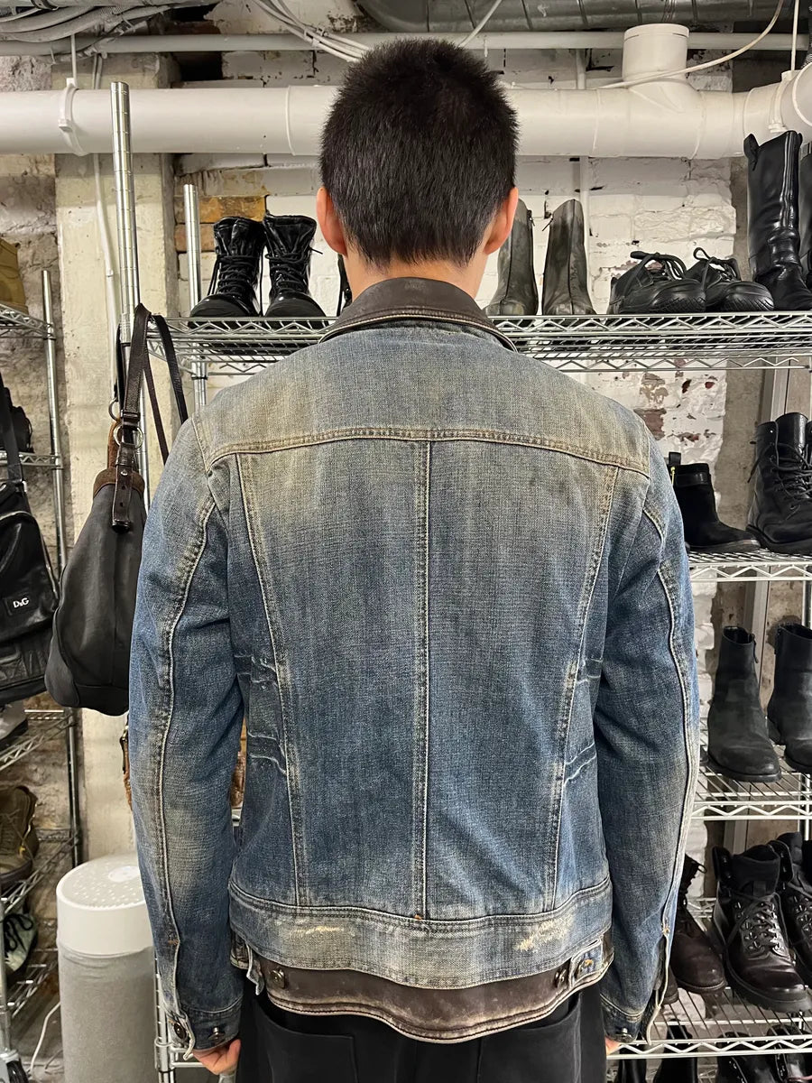AW2003 Dolce & Gabbana Double Waisted Leather Blue Faded Denim Jacket gLYIndF 2