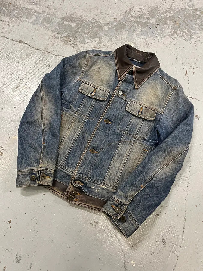 AW2003 Dolce & Gabbana Double Waisted Leather Blue Faded Denim Jacket gLYIndF 3
