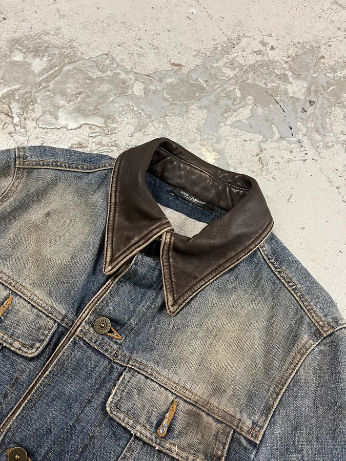 AW2003 Dolce & Gabbana Double Waisted Leather Blue Faded Denim Jacket gLYIndF 4