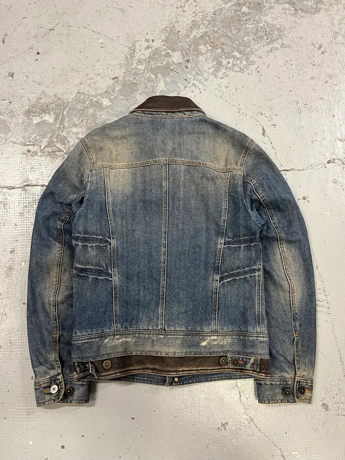 AW2003 Dolce & Gabbana Double Waisted Leather Blue Faded Denim Jacket gLYIndF 6