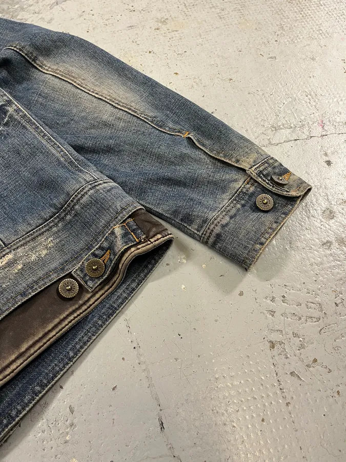AW2003 Dolce & Gabbana Double Waisted Leather Blue Faded Denim Jacket gLYIndF 7