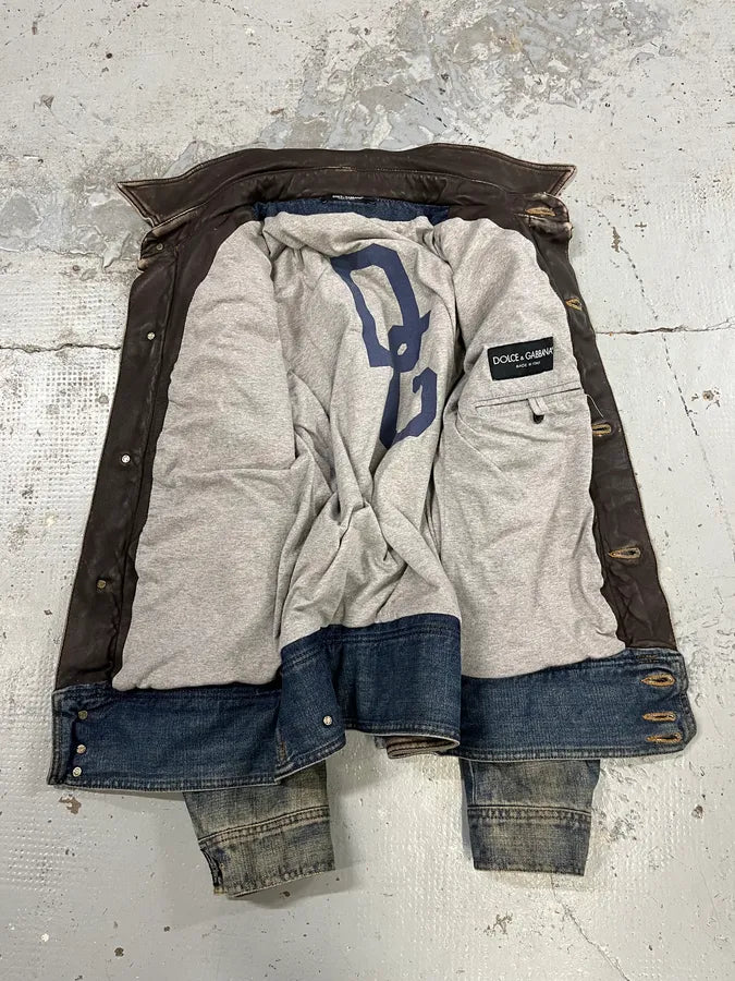 AW2003 Dolce & Gabbana Double Waisted Leather Blue Faded Denim Jacket gLYIndF 8