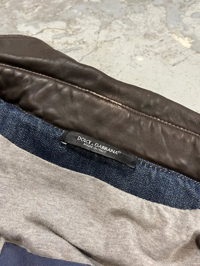 AW2003 Dolce & Gabbana Double Waisted Leather Blue Faded Denim Jacket gLYIndF 9