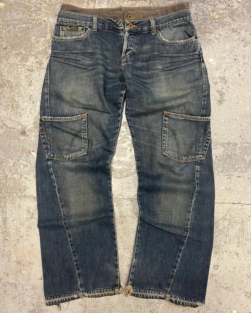 AW2003 Dolce & Gabbana Double Waisted Multi Pockets Distressed Blue Jeans (L) 0