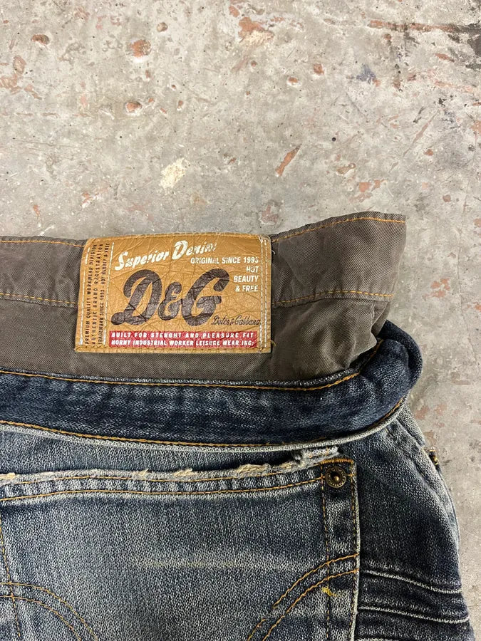 AW2003 Dolce & Gabbana Double Waisted Multi Pockets Distressed Blue Jeans (L) 10