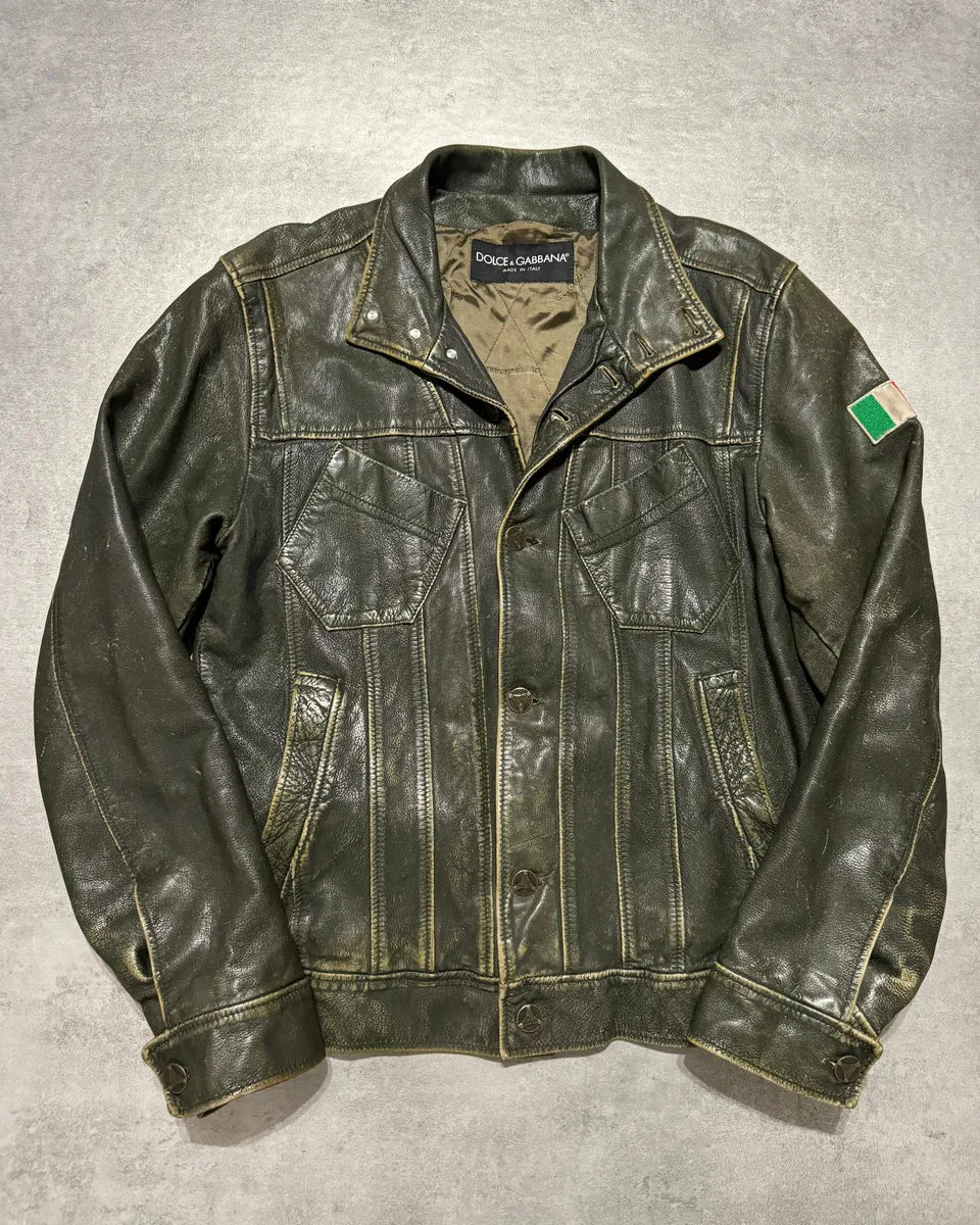 AW2003 Dolce & Gabbana Green Aged Patina Leather Italian Jacket (M) 1