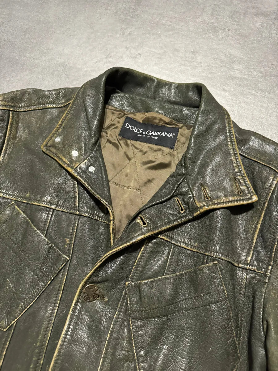 AW2003 Dolce & Gabbana Green Aged Patina Leather Italian Jacket (M) 13