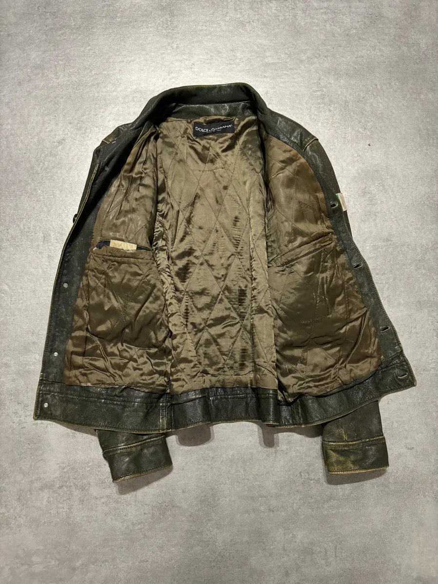 AW2003 Dolce & Gabbana Green Aged Patina Leather Italian Jacket (M) 7
