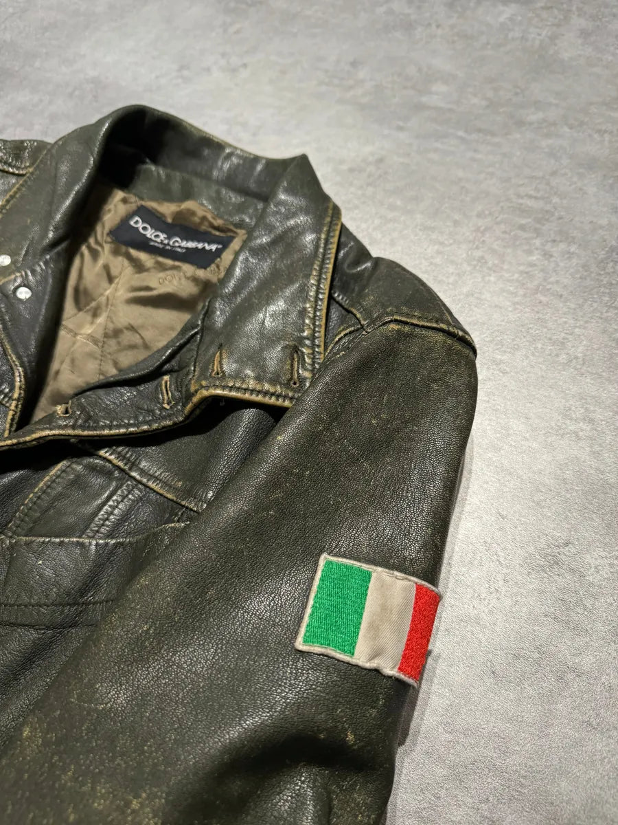 AW2003 Dolce & Gabbana Green Aged Patina Leather Italian Jacket (M) 9