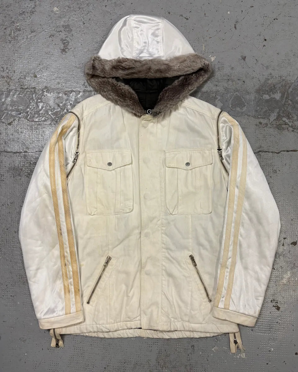 AW2003 Dolce & Gabbana Hip Hop Fur Hooded Detachable Sleeves White Jacket gvVvZfP 0