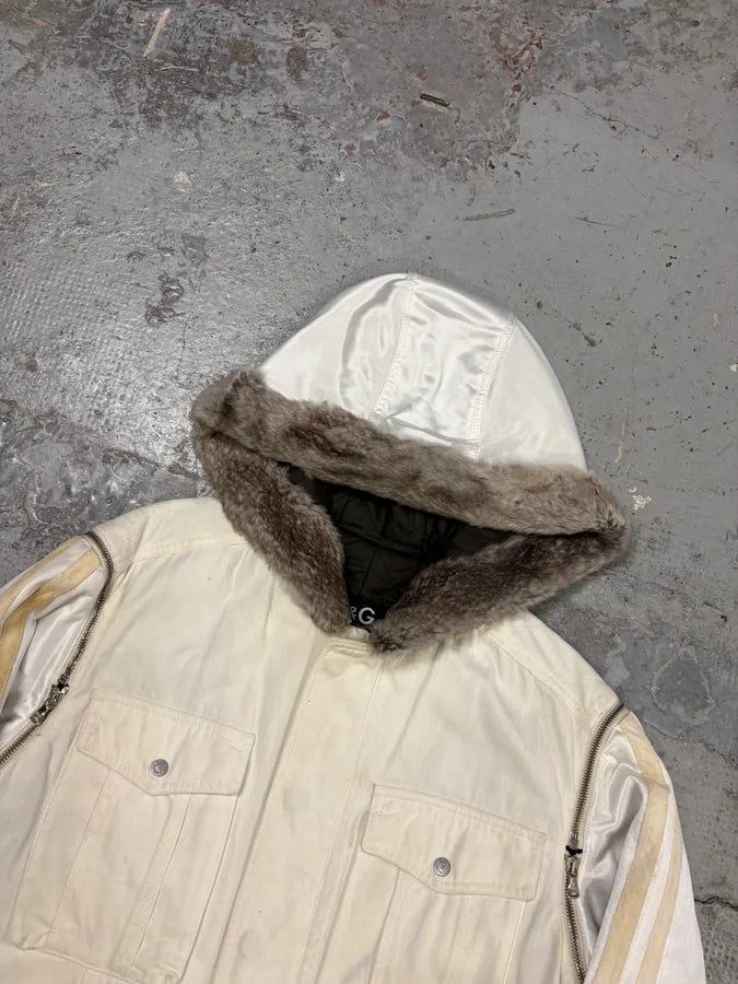 AW2003 Dolce & Gabbana Hip Hop Fur Hooded Detachable Sleeves White Jacket gvVvZfP 4