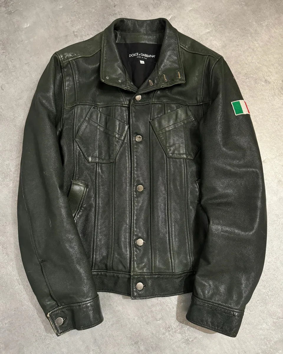 AW2003 Dolce & Gabbana Italian Deep Green Biker Leather Jacket (L) 0