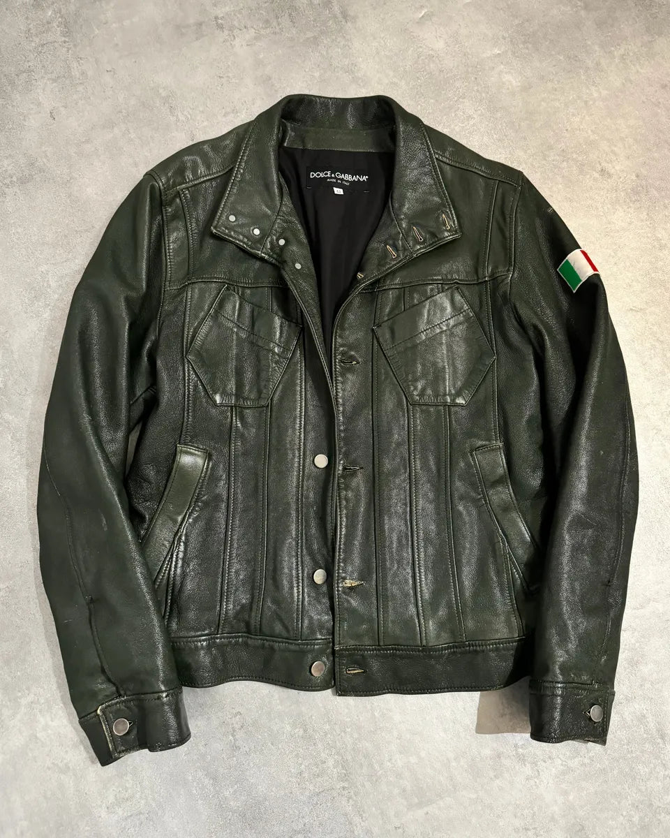 AW2003 Dolce & Gabbana Italian Deep Green Biker Leather Jacket (L) 1