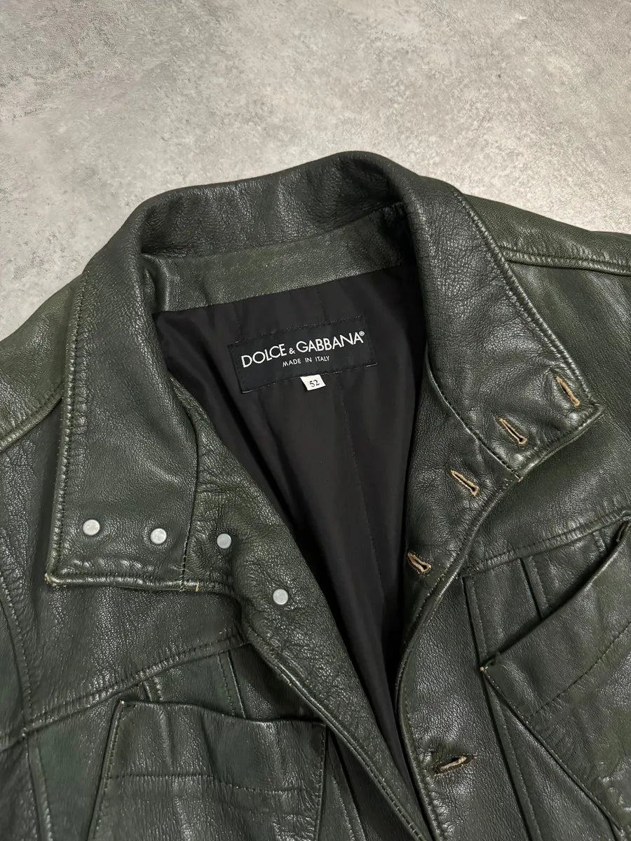 AW2003 Dolce & Gabbana Italian Deep Green Biker Leather Jacket (L) 9