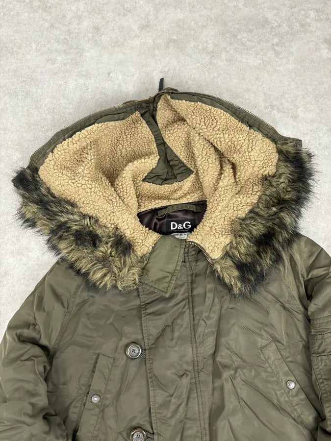 AW2003 Dolce & Gabbana Military Green Hooded Long Aviator Jacket oXhJBTW 8
