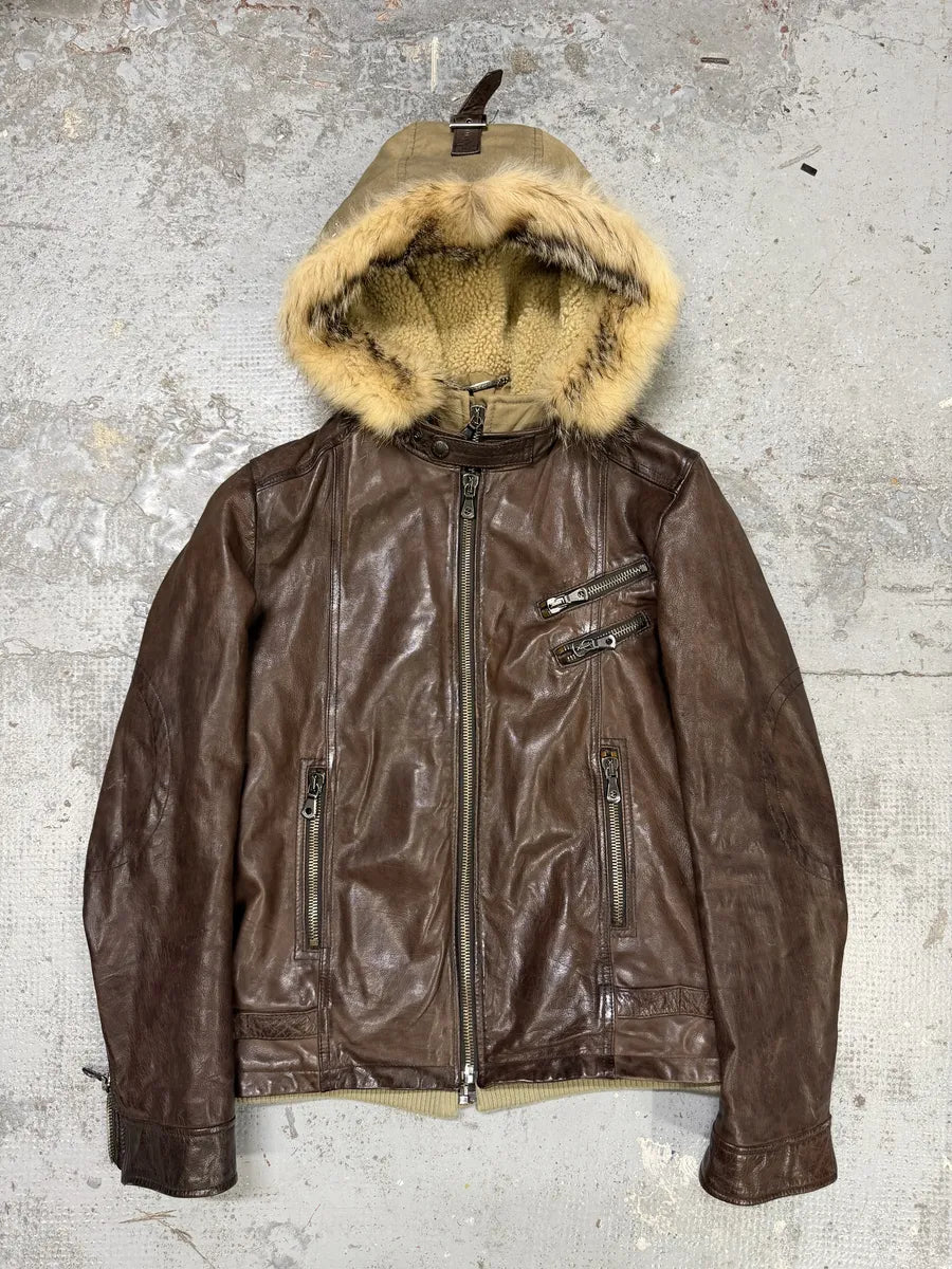 AW2003 Dolce & Gabbana Parachute Buffalo Shearling Brown Leather Fur Hooded Jacket lqcADqD 1
