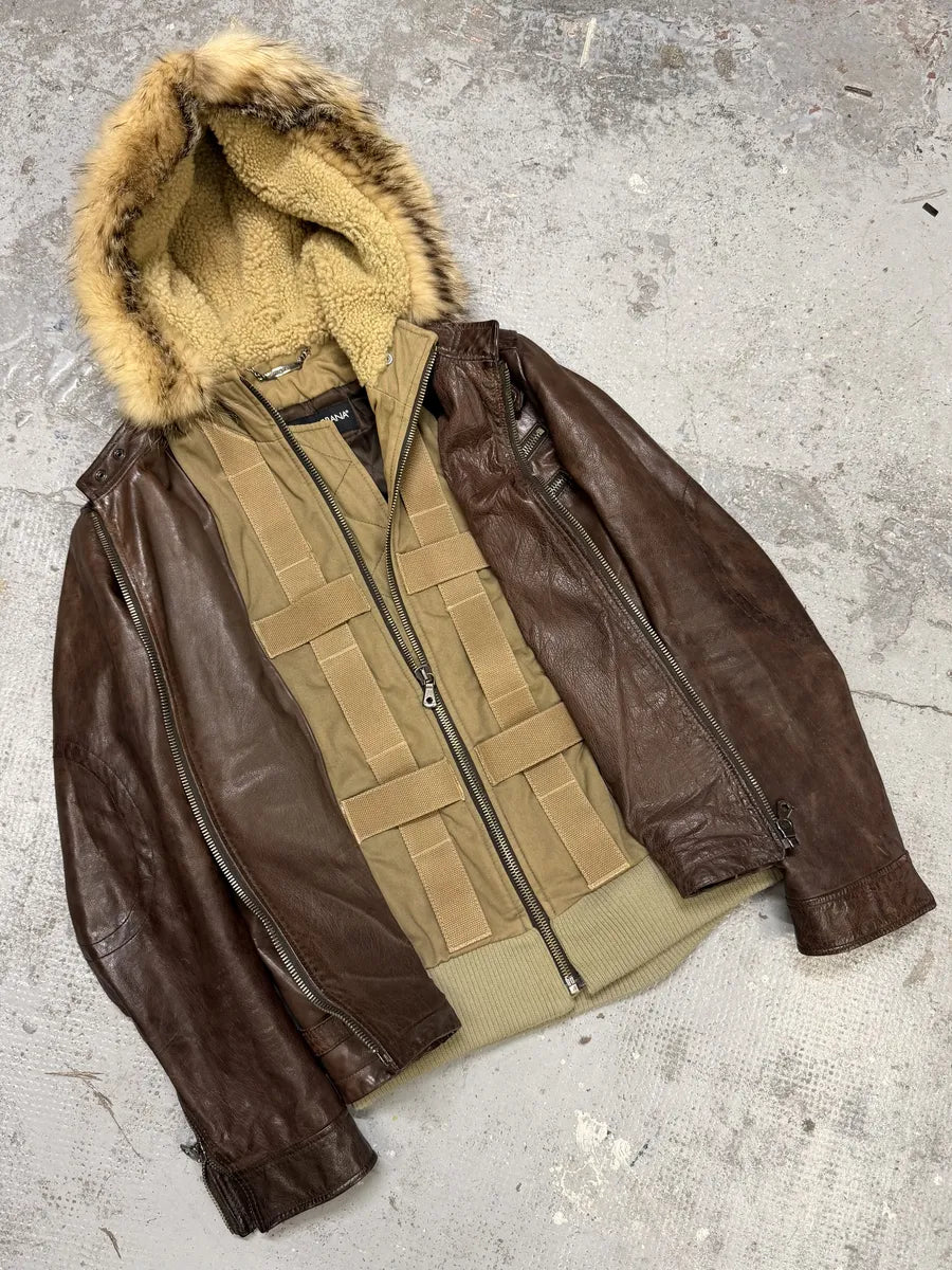 AW2003 Dolce & Gabbana Parachute Buffalo Shearling Brown Leather Fur Hooded Jacket lqcADqD 5