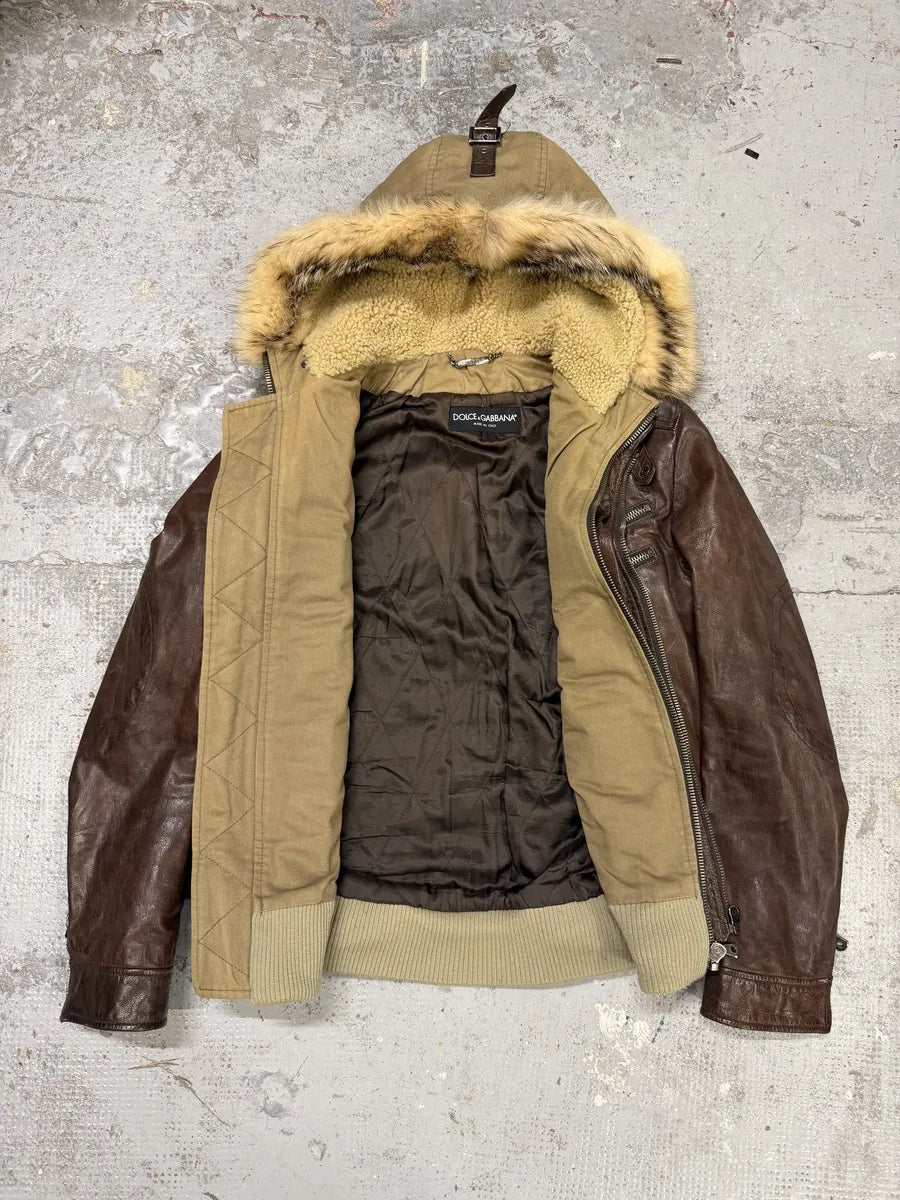 AW2003 Dolce & Gabbana Parachute Buffalo Shearling Brown Leather Fur Hooded Jacket lqcADqD 9