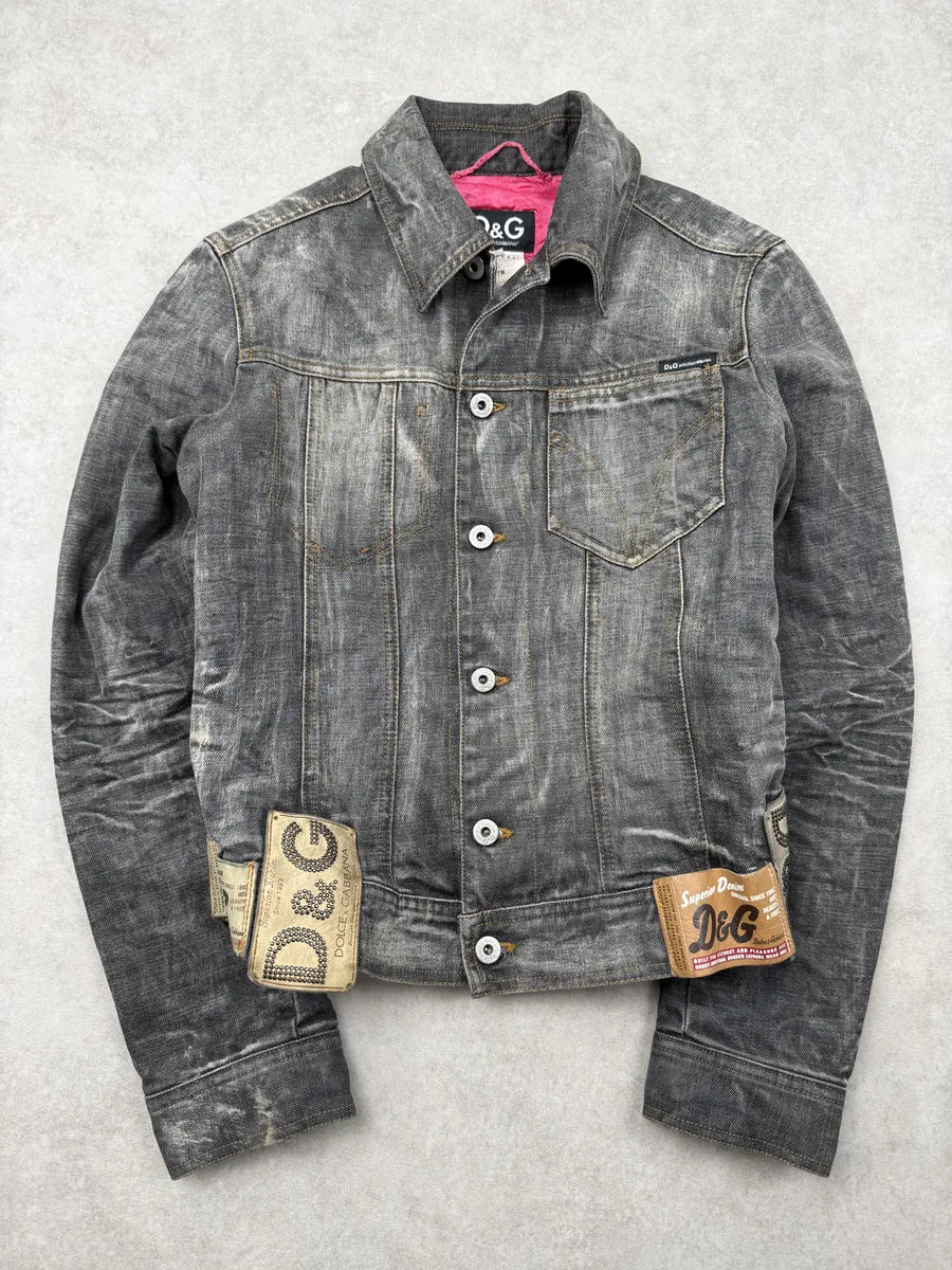 AW2003 Dolce & Gabbana Patchs Dark Grey Washed Denim Jacket HVtZKBB 0