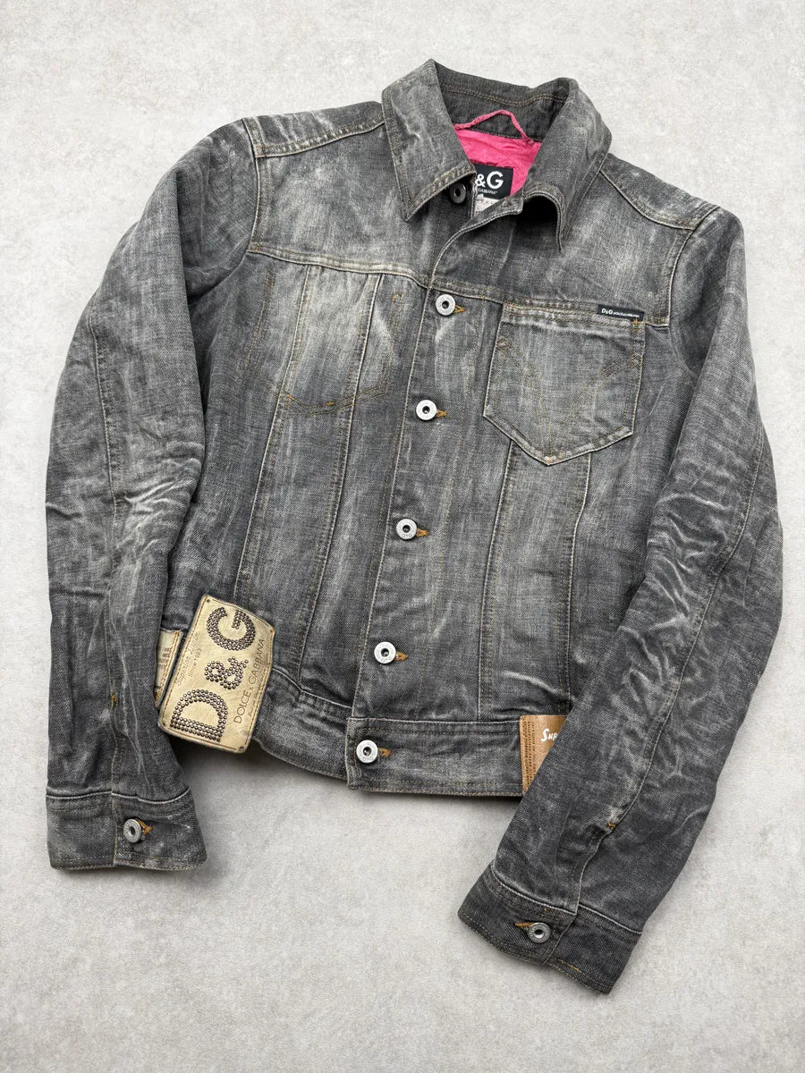 AW2003 Dolce & Gabbana Patchs Dark Grey Washed Denim Jacket HVtZKBB 4