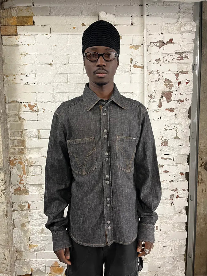 AW2003 Dolce & Gabbana Raw Grey Denim Snap Buttoned Shirt qExxSSV 1