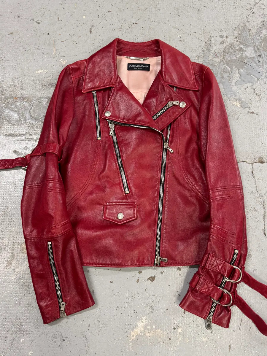 AW2003 Dolce & Gabbana Red Bordeaux Moto Leather Multi-Zip Perfecto Jacket ZCVtdGM 0