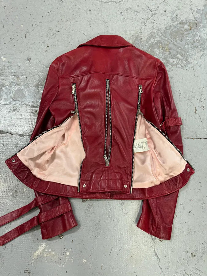 AW2003 Dolce & Gabbana Red Bordeaux Moto Leather Multi-Zip Perfecto Jacket ZCVtdGM 4