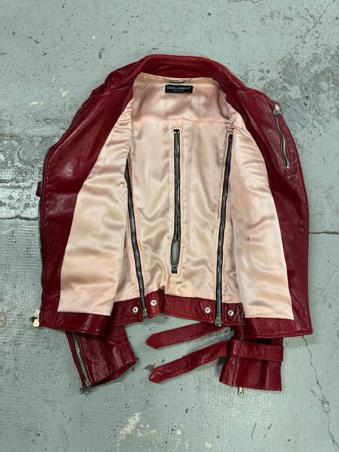 AW2003 Dolce & Gabbana Red Bordeaux Moto Leather Multi-Zip Perfecto Jacket ZCVtdGM 6