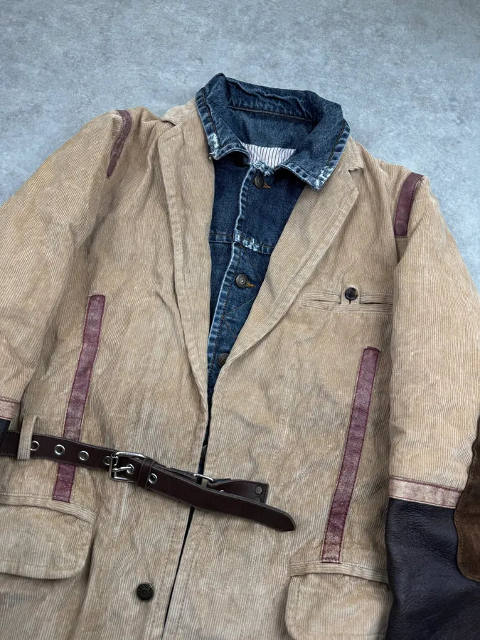 AW2002 Dsquared2 Beige & Blue Hybrid Corduroy Denim Long Coat olQHkXt 5