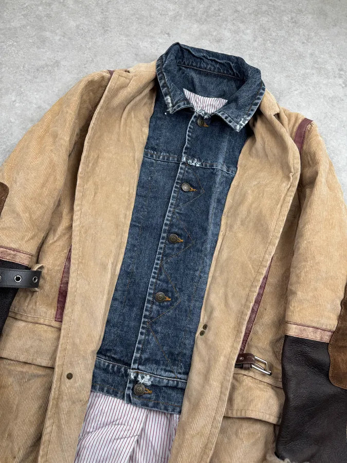 AW2002 Dsquared2 Beige & Blue Hybrid Corduroy Denim Long Coat olQHkXt 6