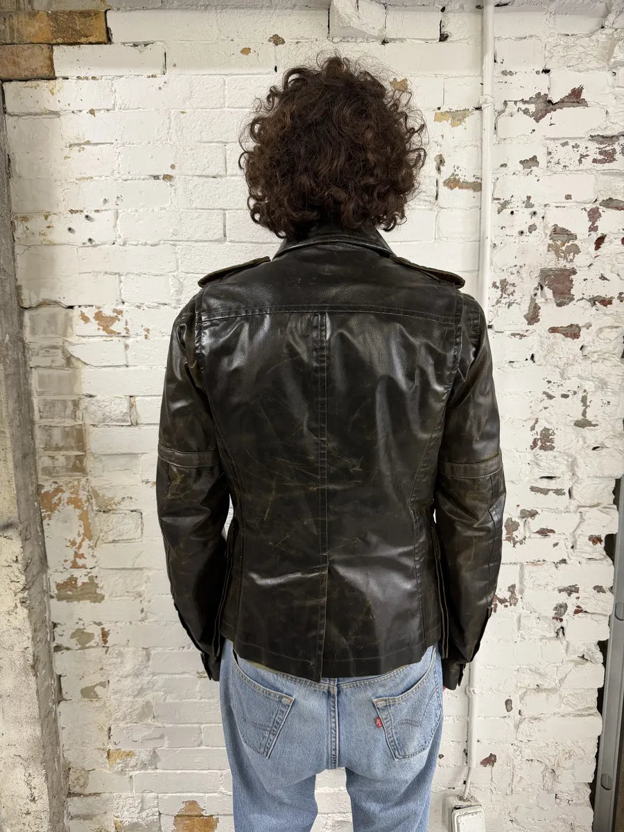 AW2003 Dsquared2 Brown Eroded Patina Leather Biker Jacket cOXIGZQ 1