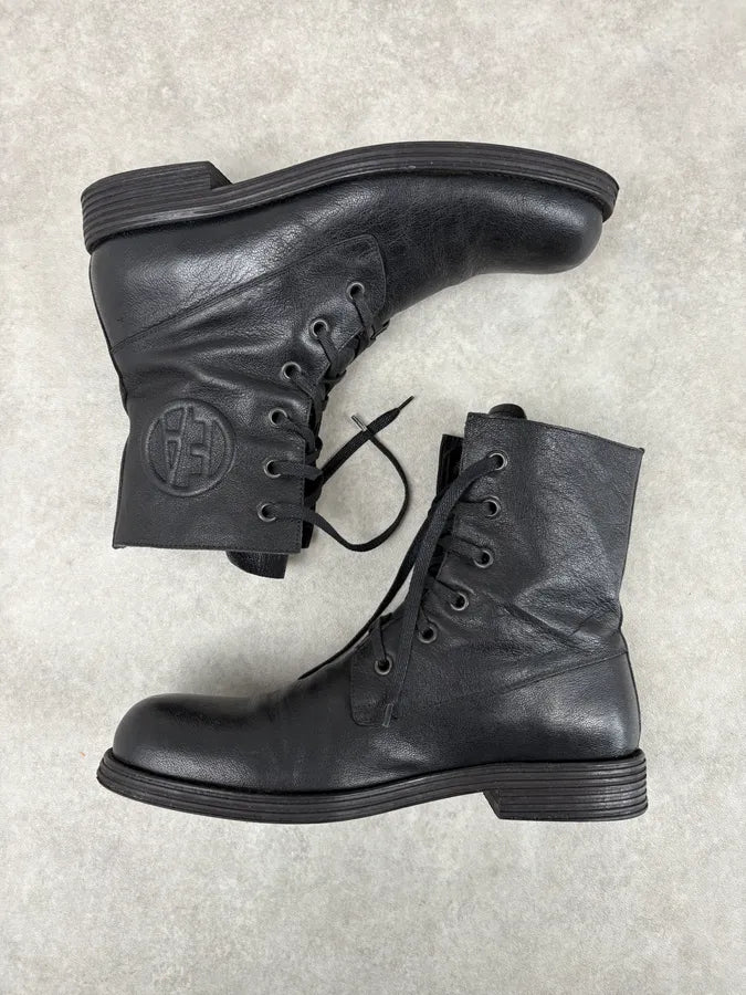 AW2003 Emporio Armani Black Classy Combat Leather Boots KIWQyHN 3