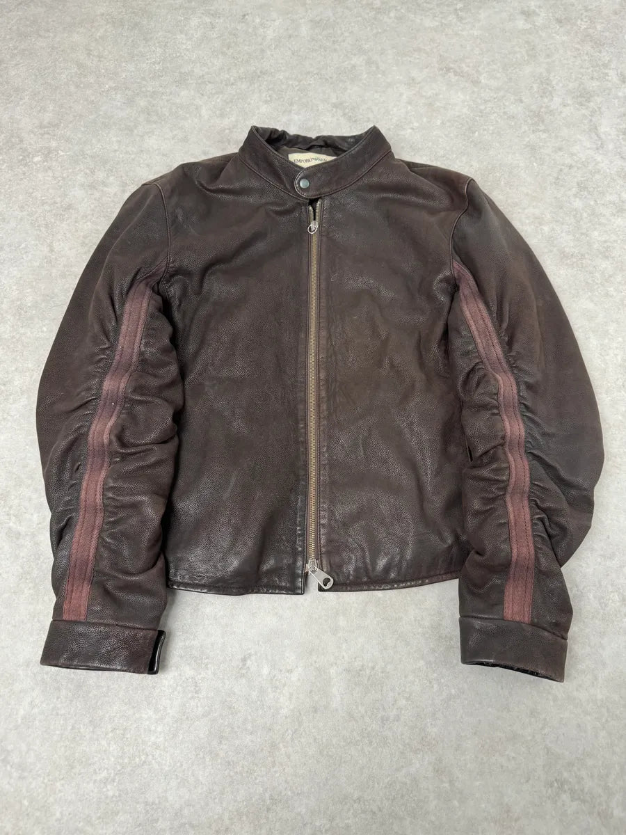AW2003 Emporio Armani Brown Grained Leather Biker Jacket HSAUgoQ 0