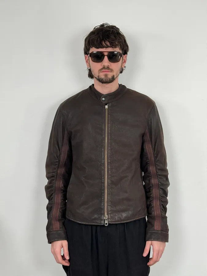 AW2003 Emporio Armani Brown Grained Leather Biker Jacket HSAUgoQ 1