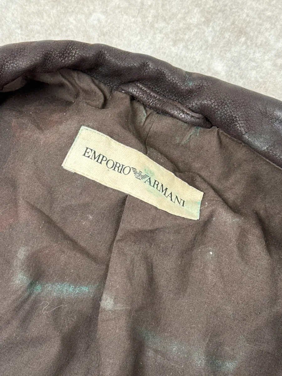 AW2003 Emporio Armani Brown Grained Leather Biker Jacket HSAUgoQ 10
